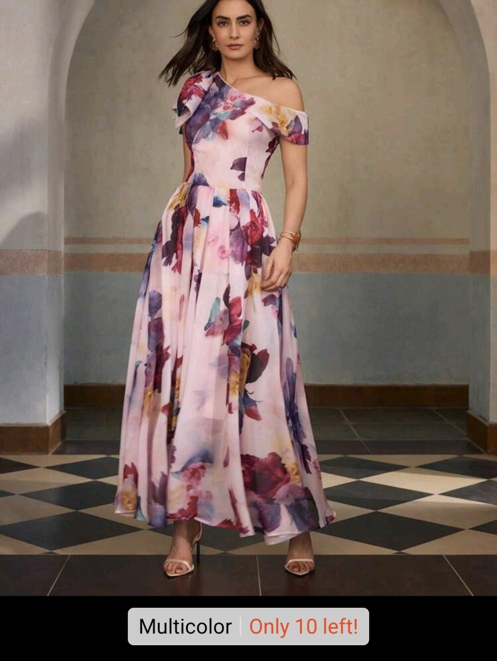 Off-Shoulder Floral Midi Dress in Pink Multicolor